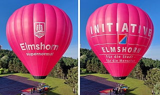 Auf der einen Seite des Heißtluftballons prangt die Stadtmarke "Elmshorn supernormal", auf der anderen Seite die Aufschrift "Initiative Elmshorn: Für die Stadt - für die Menschen". (Foto: Stadt Elmshorn)