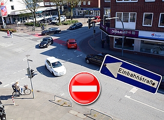 Die Schulstraße wird in Höhe der Commerzbank zur Einbahnstraße. (Fotos/Grafik: Frank, Pixabay)