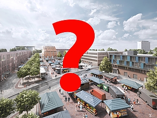 So stellen sich die Planer den künftigen Buttermarkt vor. Rechts sind das Haus der Technik und das neue Rathaus zu sehen. Dies alles steht unter Vorbehalt, wenn das Land die Förderung einstellen sollte. (Quelle: Fabian Gavrilescu – gammagraph / Stadt Elmshorn, Bearbeitung: Frank)