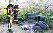 Einsatzkräfte der Freiwilligen Feuerwehr löschten den Brand, der am Elmshorner Bahnhof hinter einer Hecke an Gleis 1 unter einer Fahrradabstellanlage ausgebrochen war. (Foto: Frank)